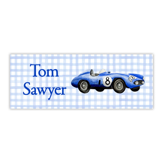 Blue Race Car Water Resistant Labels