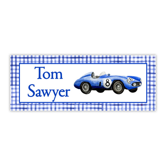Blue Race Car Water Resistant Labels