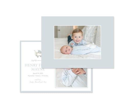 Classic Blue Pram Landscape Birth Announcement