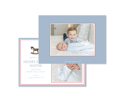 Blue and Red Rocking Landscape Horse Birth Announcement