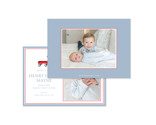 Blue and Red Wagon Landscape Birth Announcement