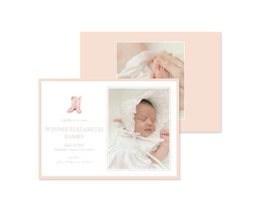 Classic Pink Boots Landscape Birth Announcement