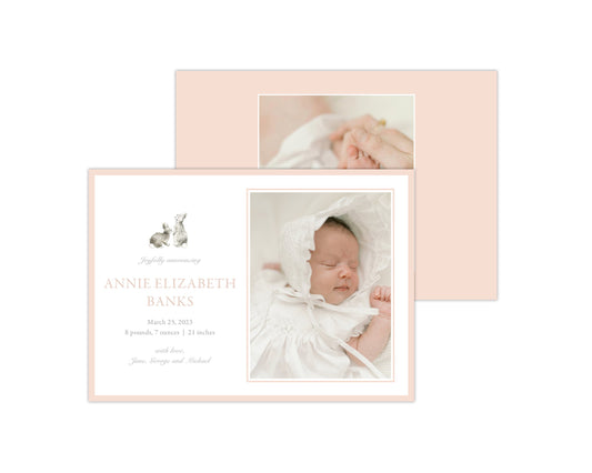 Classic Pink Bunnies Landscape Birth Announcement