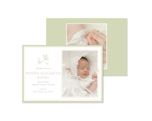 Green and Pink Butterflies Landscape Birth Announcement