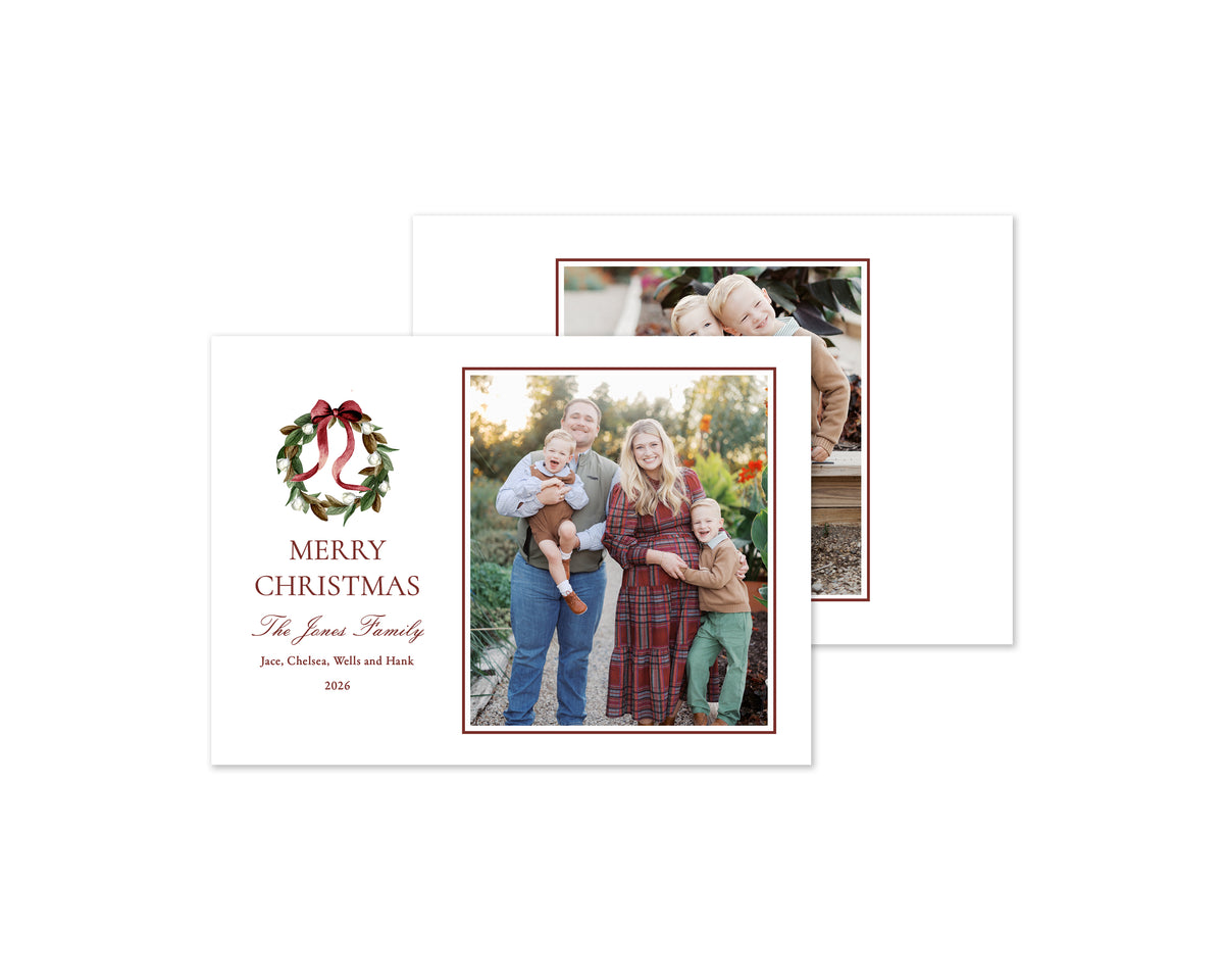 Magnolia Wreath Personalized Christmas Cards - Red