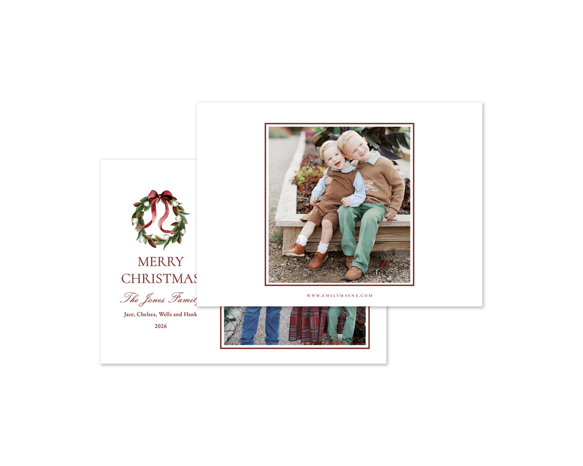Magnolia Wreath Personalized Christmas Cards - Red
