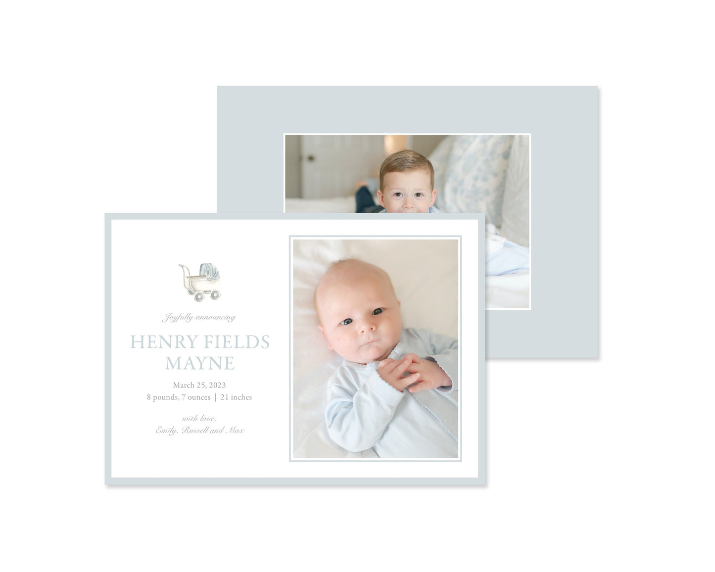 Classic Blue Pram Landscape Birth Announcement
