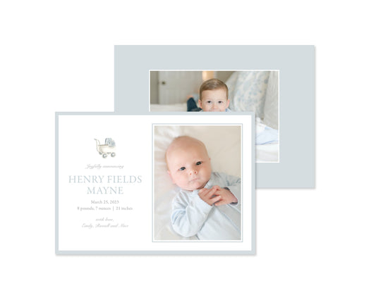 Classic Blue Pram Landscape Birth Announcement