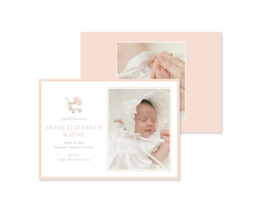 Classic Pink Pram Landscape Birth Announcement