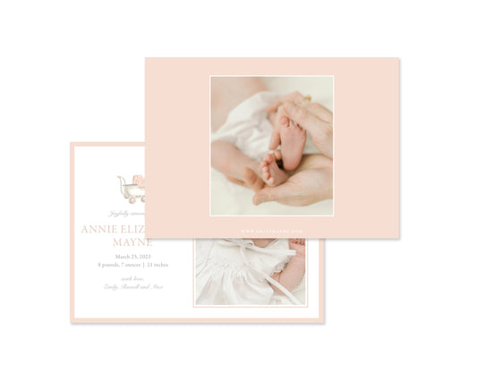 Classic Pink Pram Landscape Birth Announcement
