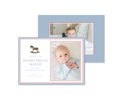 Blue and Red Rocking Landscape Horse Birth Announcement