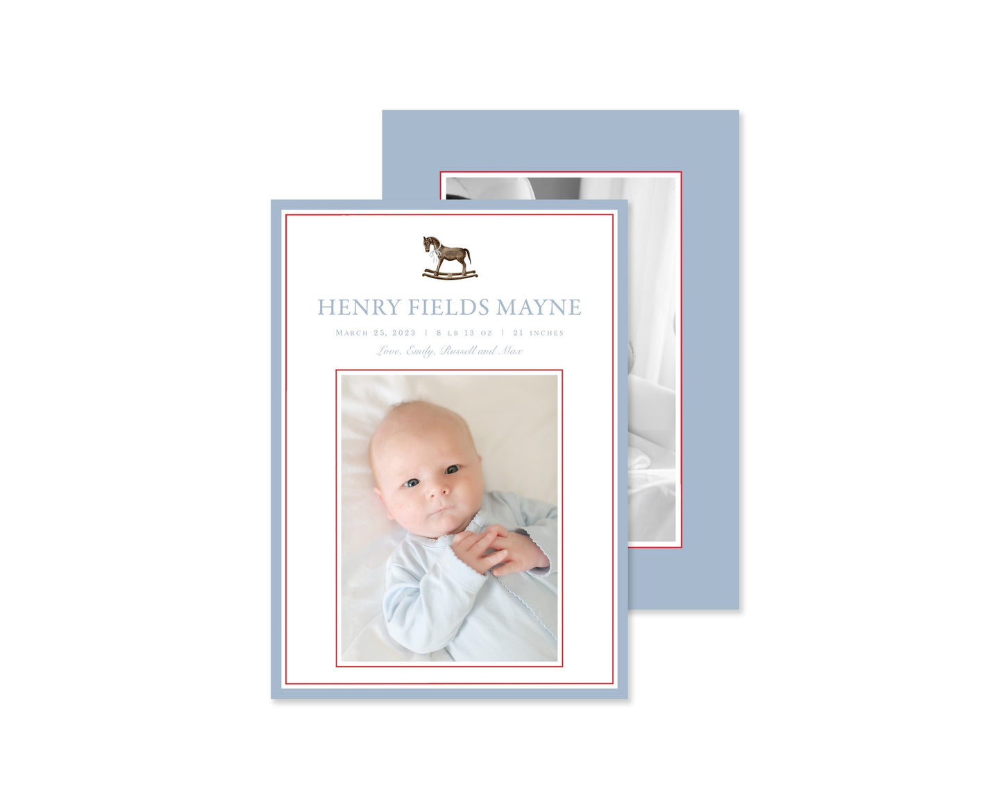 Blue and Red Rocking Horse Birth Announcement