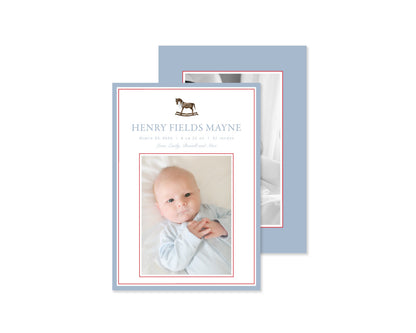 Blue and Red Rocking Horse Birth Announcement