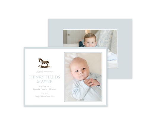 Classic Blue Rocking Horse Landscape Birth Announcement