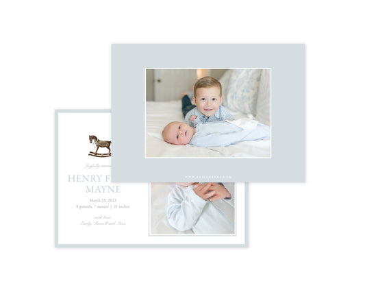 Classic Blue Rocking Horse Landscape Birth Announcement