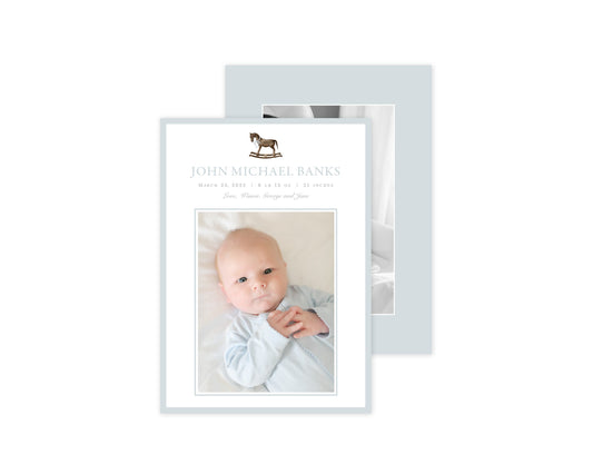 Classic Blue Rocking Horse Birth Announcement