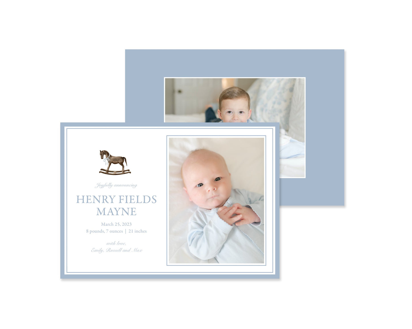 Little Boy Blue Rocking Horse Landscape Birth Announcement