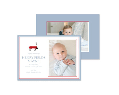 Blue and Red Wagon Landscape Birth Announcement