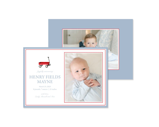 Blue and Red Wagon Landscape Birth Announcement