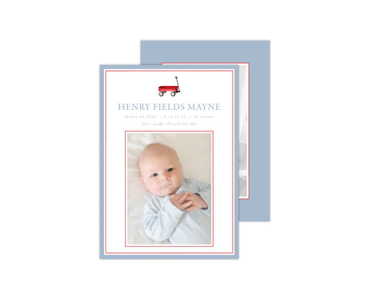 Blue and Red Wagon Birth Announcement