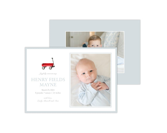 Classic Blue Wagon Landscape Birth Announcement