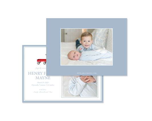 Little Boy Blue Wagon Landscape Birth Announcement