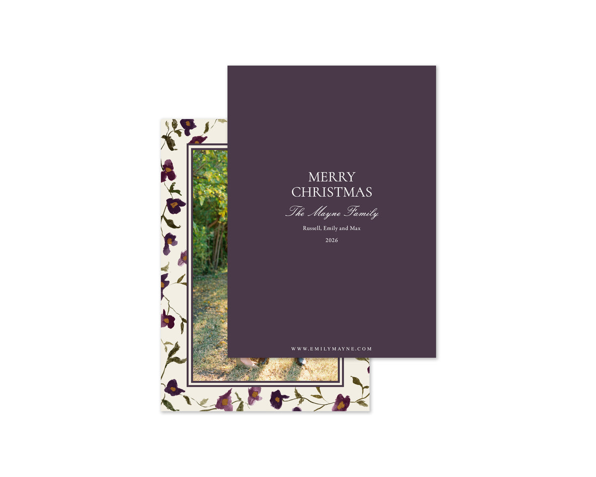Winter Flowers Border Personalized Christmas Cards - Plum