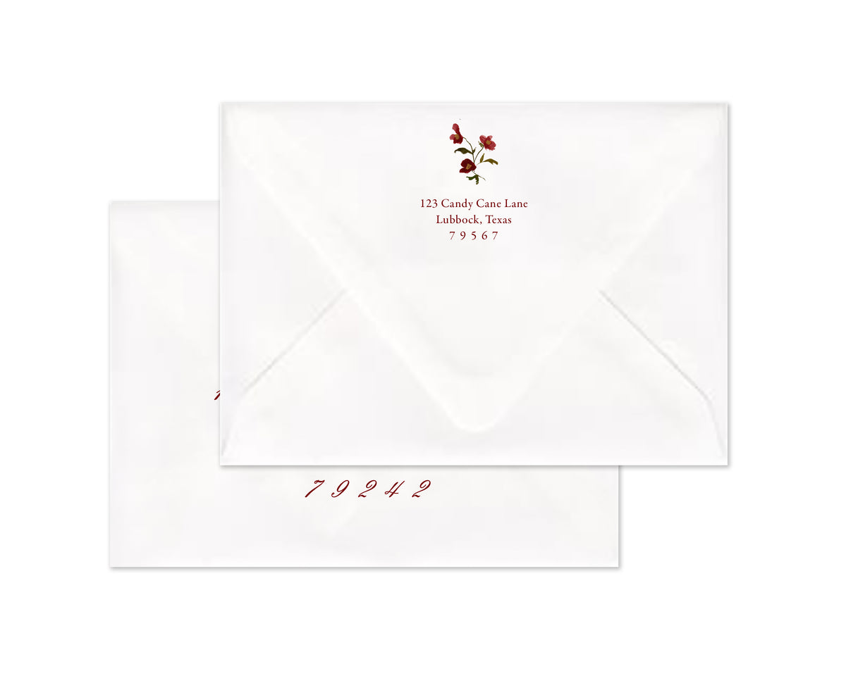 Winter Flowers Motif Personalized Christmas Cards - Red