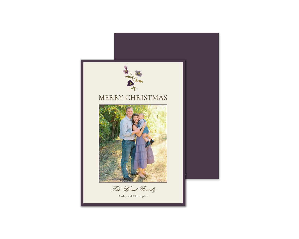 Winter Flowers Motif Personalized Christmas Cards - Plum