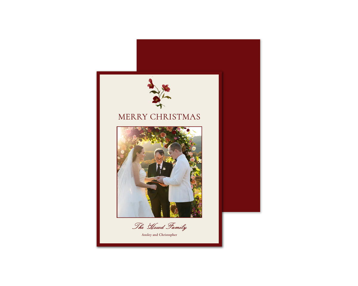 Winter Flowers Motif Personalized Christmas Cards - Red